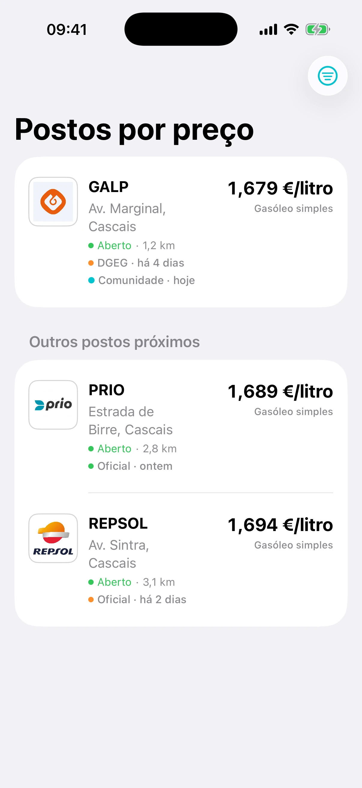 Lista de postos com um ponto turquesa e a indicação Comunidade, hoje