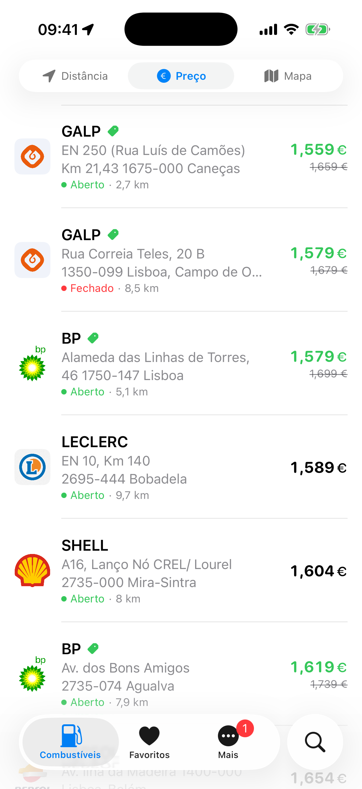 Captura de ecrã portuGAS - preços combustíveis Portugal, postos de gasolina baratos