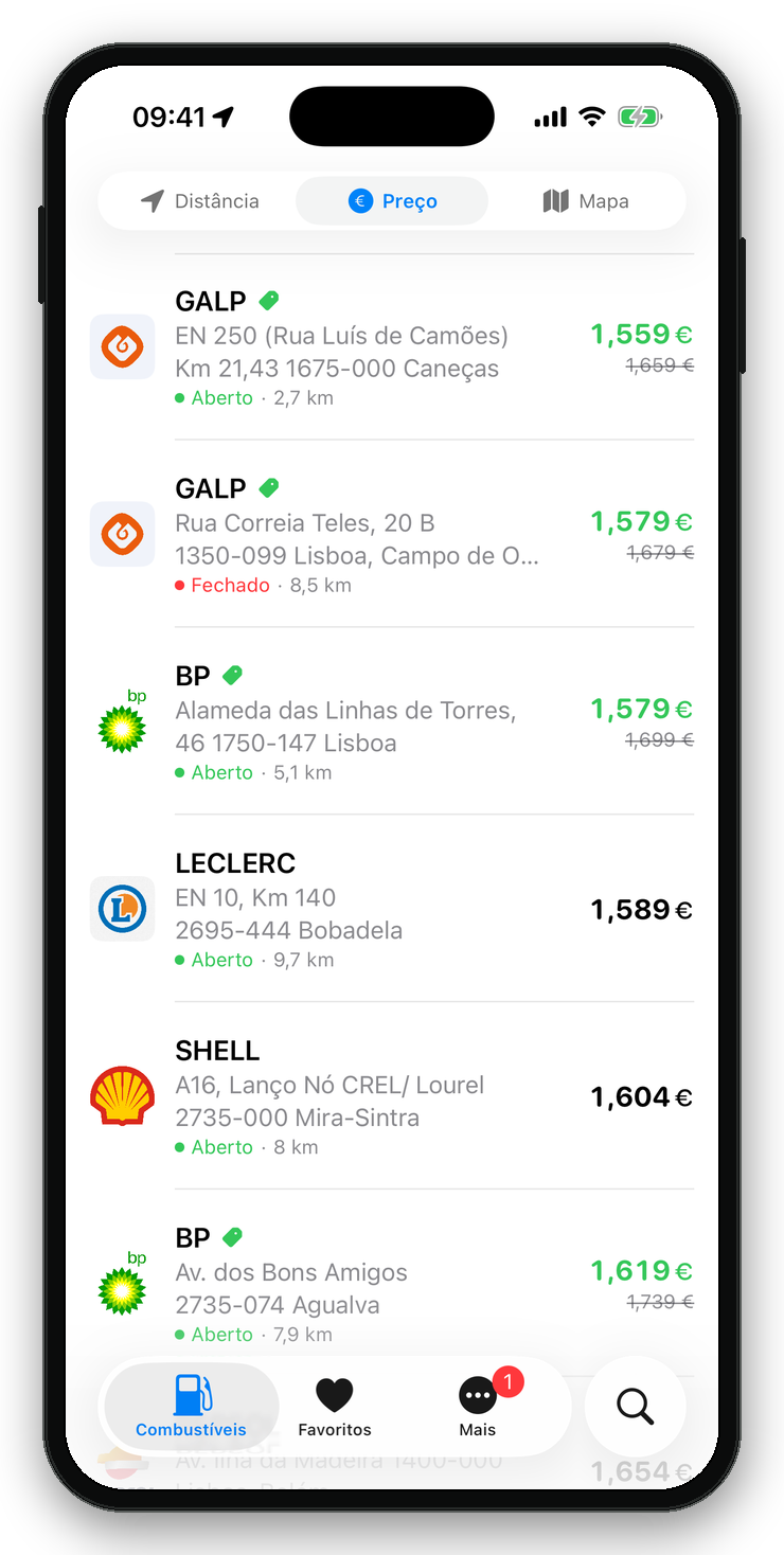 Lista de postos ordenada por preço no PortuGAS, apresentada num iPhone