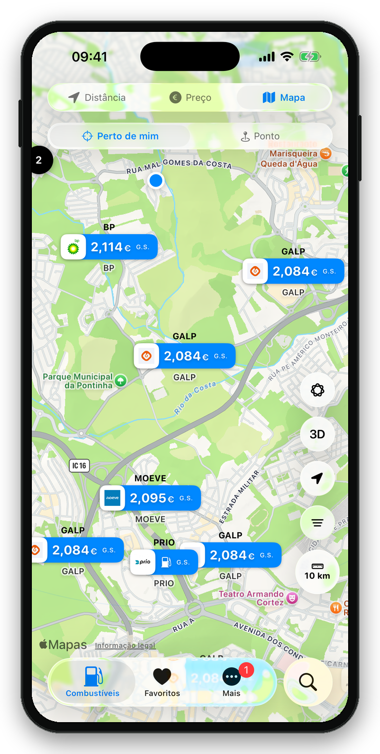 Mapa de preços de combustível no PortuGAS, apresentado num iPhone