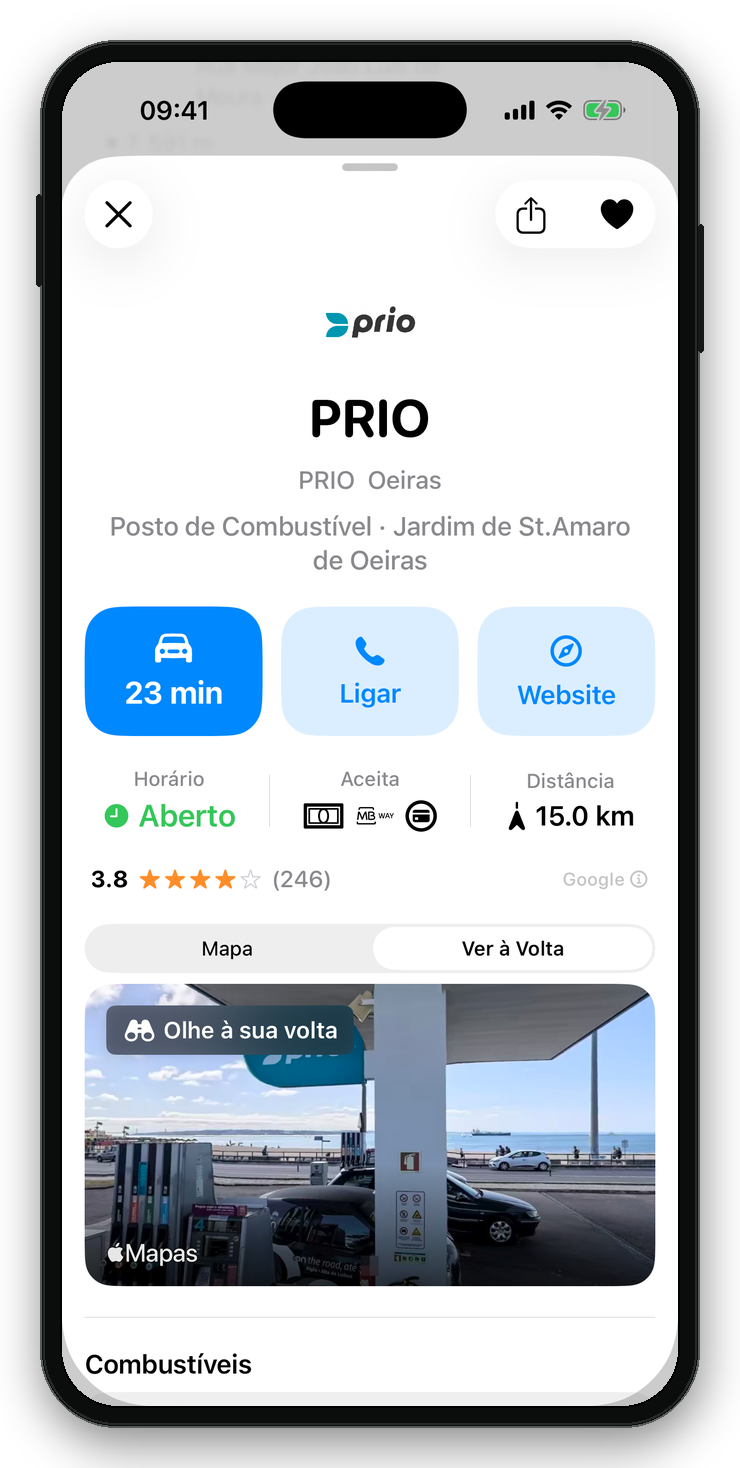 Detalhes de um posto de combustível no PortuGAS, apresentados num iPhone